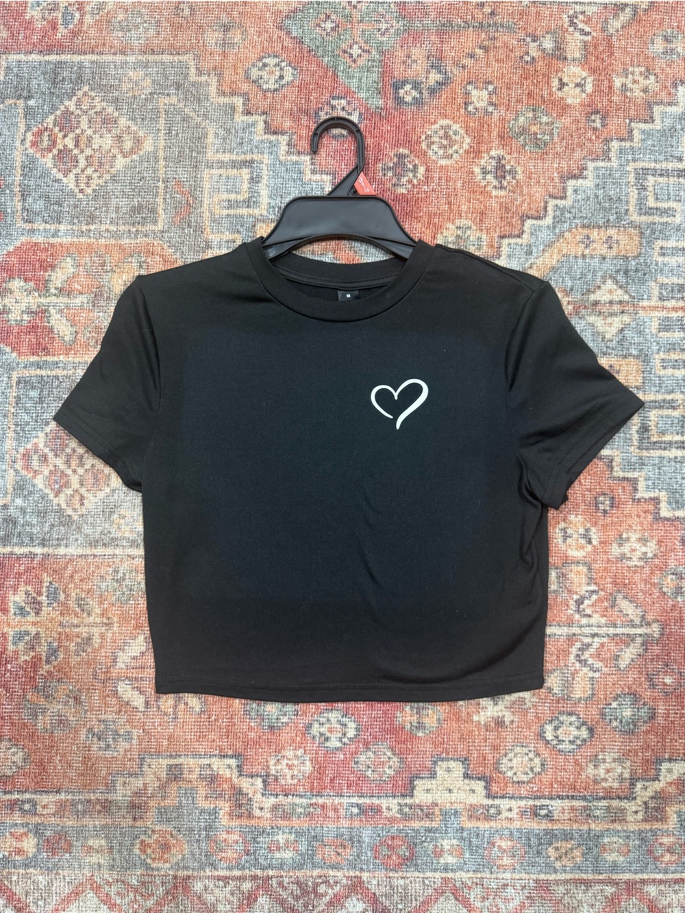 Black Cropped Tee with White Heart Graphic - Women